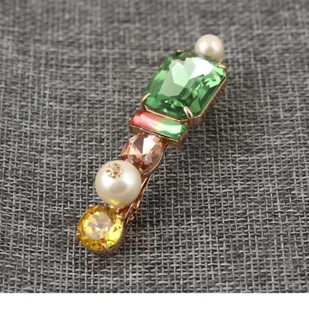 Tory Burch Crystal Hair Clip Barrette Green Gem Gold Tone Logo Hair Accessory
